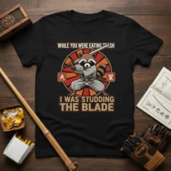 Raccoon wearing ninja gi holding katana with text "While You Were Eating Trash I Was Studding The Blade" on black