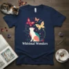 Navy t-shirt featuring the text "Whisimal Wonders" with a white cat and colorful butterflies design