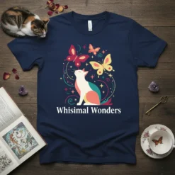 Navy t-shirt featuring the text "Whisimal Wonders" with a white cat and colorful butterflies design