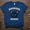 Whiskered Wonder t-shirt design featuring a black cat with orange accents and text