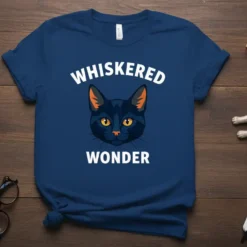 Whiskered Wonder t-shirt design featuring a black cat with orange accents and text