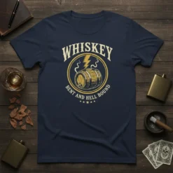 Whiskey Bent And Hell Bound t-shirt with vintage barrel graphic and lightning bolt design