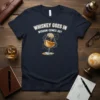 Whiskey Goes In Wisdom Comes Out text and graphic of a brain pouring into a whiskey glass on a navy