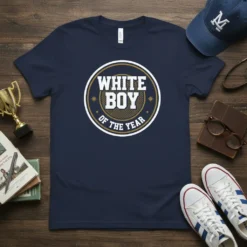 Navy t-shirt with white and gold text "WHITE BOY OF THE YEAR" in a circular badge design