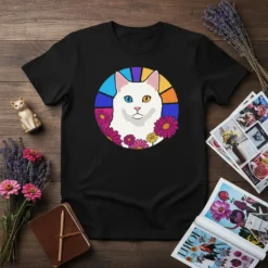 White Cat Flower Circle bold graphic design printed on comfortable cotton t-shirt