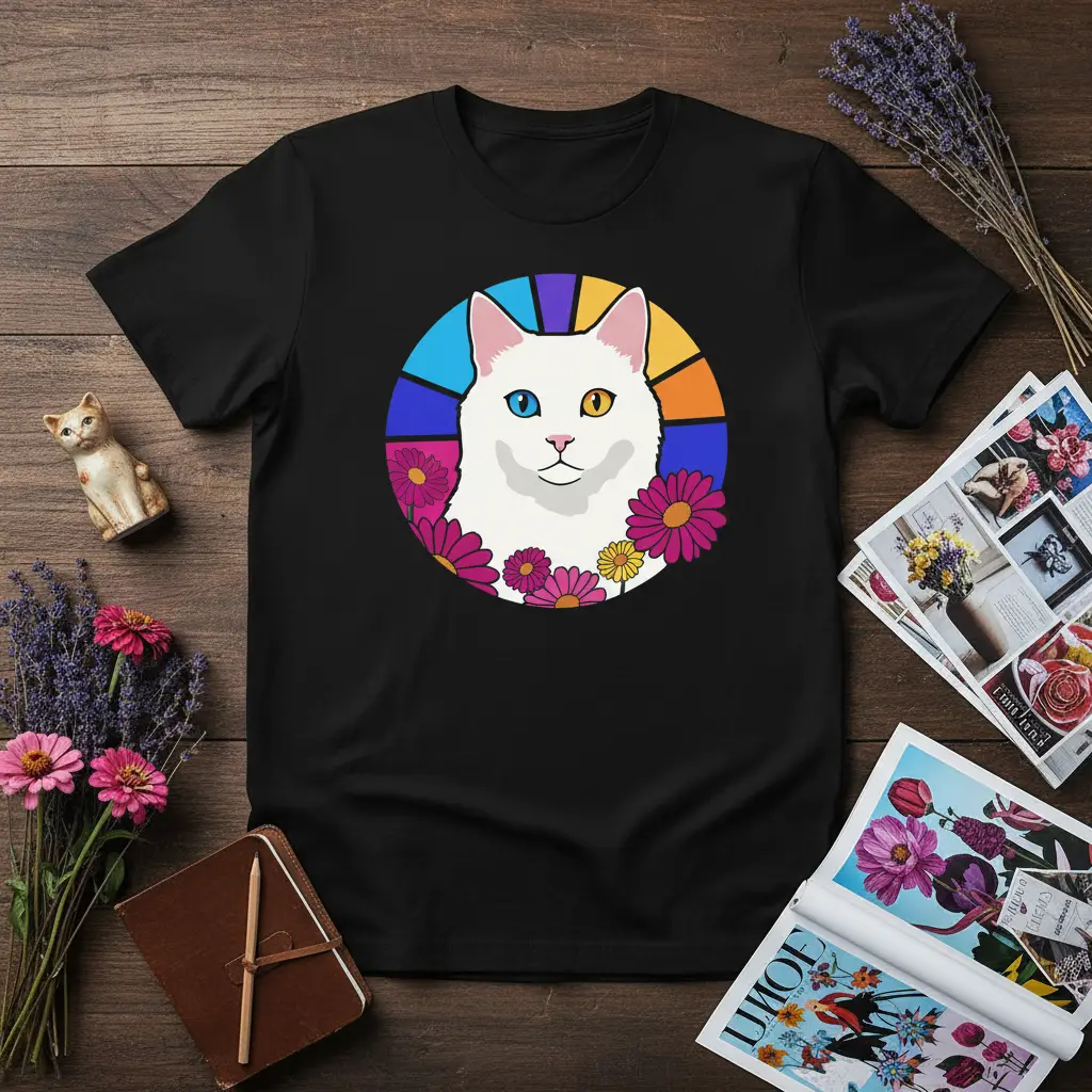 White Cat Flower Circle Graphic Tee for Cat Lovers