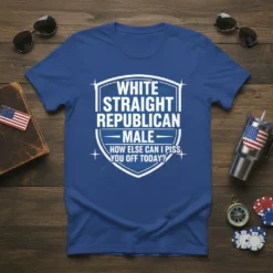 White Straight Republican Male quote on a blue t-shirt, with text inside a shield design and accompanying graphic elements