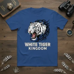 White Tiger Kingdom text overlaying a fierce white tiger graphic with black tribal accents on a blue t-shirt