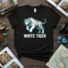 White Tiger graphic t-shirt design with bold white text "WHITE TIGER" below a stylized white tiger illustration