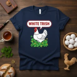 White Trish chicken graphic with shamrocks on a navy blue t-shirt, perfect for St. Patrick's Day