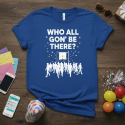 Blue t-shirt with white text "WHO ALL GON' BE THERE?" above a graphic of people entering an open doorway with
