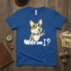WHO am I? Corgi dog wearing sunglasses and smoking a pipe, with text and bone punctuation, on a blue t-shirt