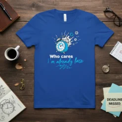 Royal blue t-shirt with "Who cares I'm already late" text and a cartoon alarm clock graphic