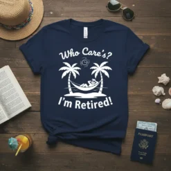 Who Care's? I'm Retired! text with a person in a hammock between palm trees graphic on a navy t-shirt