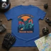 Dragon riding a motorcycle with wings spread, text "Who Dares To Race Me?! Dragon Racer" on a blue t-shirt