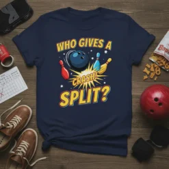 Navy blue t-shirt with yellow and red text "WHO GIVES A CRASH! SPLIT?" and graphics of a bowling ball and