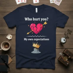 T-shirt with the quote "Who hurt you? My own expectations" and a graphic of a broken heart with an arrow
