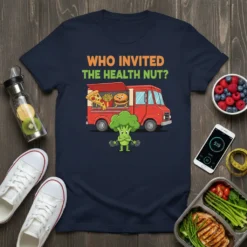 WHO INVITED THE HEALTH NUT? text with a broccoli character lifting weights and a food truck graphic on a navy