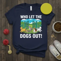 Who Let The Dogs Out! text with cartoon dogs running through a gate, navy blue t-shirt design