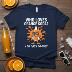 WHO LOVES ORANGE SODA? I DO I DO I DO-HOO! text with a cartoon orange soda bottle graphic on a