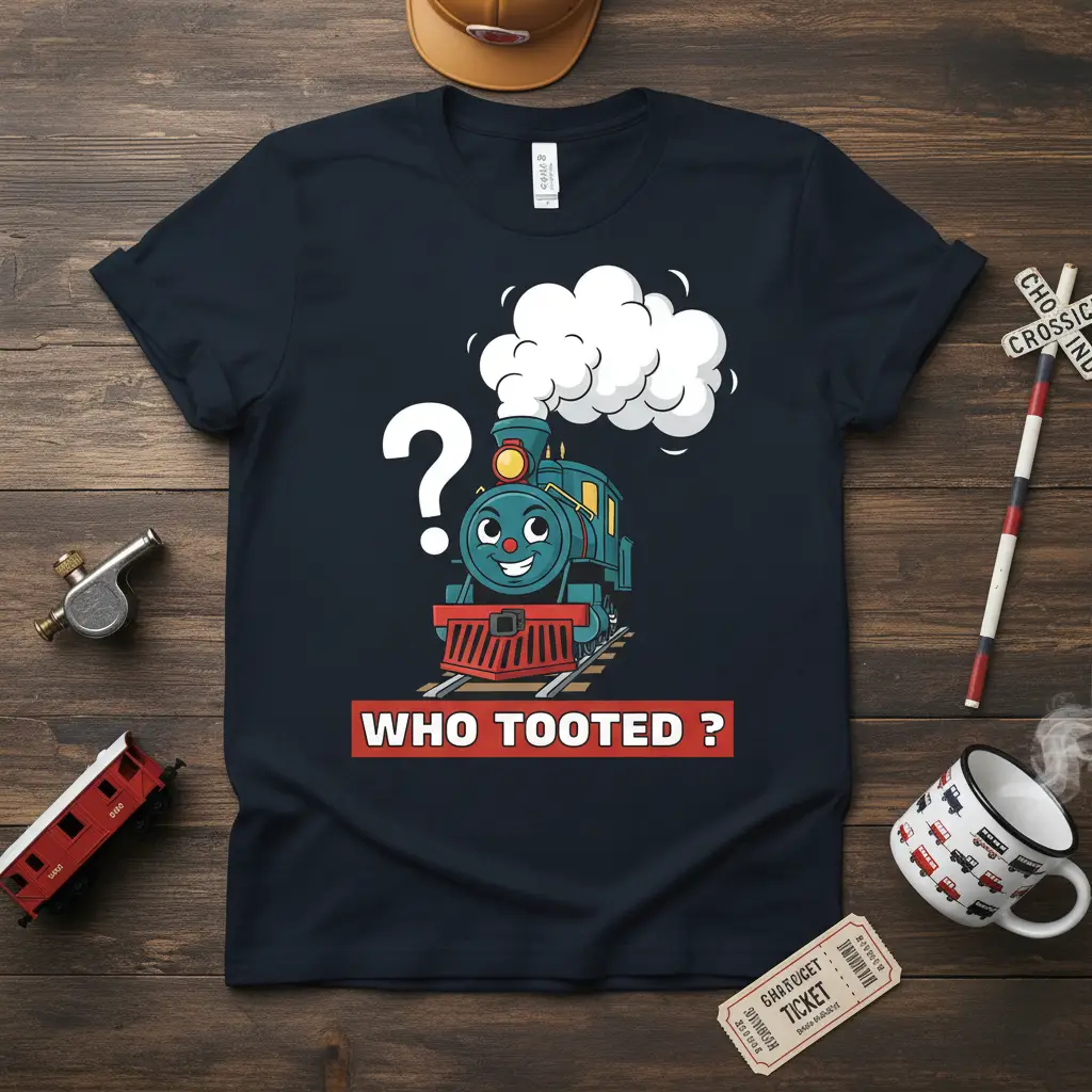 Who Tooted ? funny train design with cartoon steam engine and question mark on t-shirt