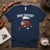 Navy t-shirt with "WHO TOOTED?" text above a cartoon steam train graphic