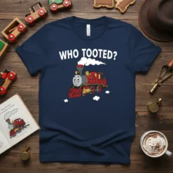 Navy t-shirt with "WHO TOOTED?" text above a cartoon steam train graphic