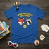 Whoever Smiles First Wins t-shirt with cartoon fox and raccoon faces and a smiling emoji