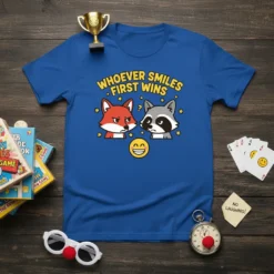 Whoever Smiles First Wins t-shirt with cartoon fox and raccoon faces and a smiling emoji
