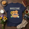 Wholesome t-shirt design with two cute Golden Retriever puppies in a basket of blueberries and sunflowers