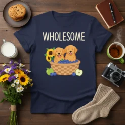 Wholesome t-shirt design with two cute Golden Retriever puppies in a basket of blueberries and sunflowers