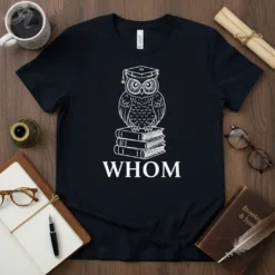 WHOM t-shirt with a white outline of an owl wearing a graduation cap and sitting on books. The word WHOM