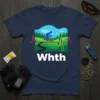 Navy t-shirt with "Whth" text and a cyclist silhouette within a heartbeat graphic, mountains, and trees