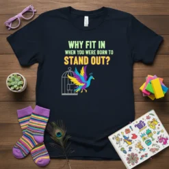 T-shirt with the quote "Why Fit In When You Were Born To Stand Out?" featuring a colorful peacock breaking free