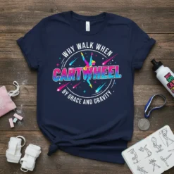 Gymnastics t-shirt design featuring the quote "Why Walk When Cartwheel By Grace And Gravity" with a gymnast in motion