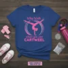 Why Walk when you can CARTWEEL text with a pink gymnast doing a handstand graphic on a blue t-shirt
