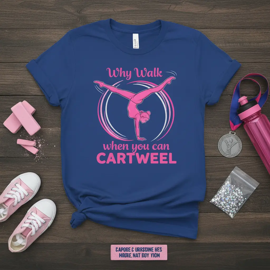 Why Walk when you can CARTWEEL quote with gymnast graphic on a royal blue t-shirt for gymnasts