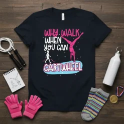 Black t-shirt with "Why Walk When You Can Cartwheel" text and graphic of a gymnast doing a cartwheel