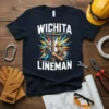 Wichita Lineman t-shirt design featuring an electrician climbing a pole with lightning graphics