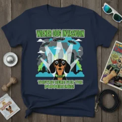 Wiener Dog Invasion They're Here For The Pupperonis text with dachshund and UFOs graphic on a navy t-shirt