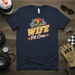 WIFE Pit Crew t-shirt design featuring checkered flags, wrenches, and flames