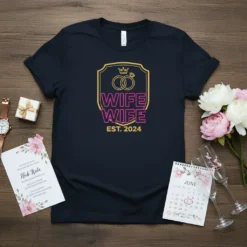 Wife Wife Est. 2024 T-Shirt featuring pink and gold text with wedding rings and a crown graphic