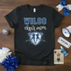 Black t-shirt with "WILCO cheer mom" text and two cheerleader graphics in a shield, blue and white design