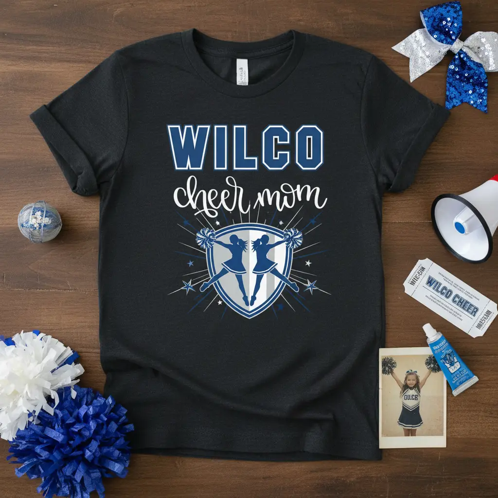 WILCO cheer mom text with energetic cheerleader graphics on a black t-shirt design