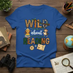 Wild About Reading t-shirt design with jungle animals, books, and map graphics. Features "Wild about READING" text in safari-themed fonts