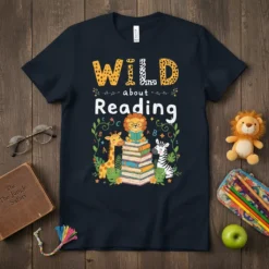 Wild About Reading t-shirt design with cute giraffe, lion, and zebra reading books
