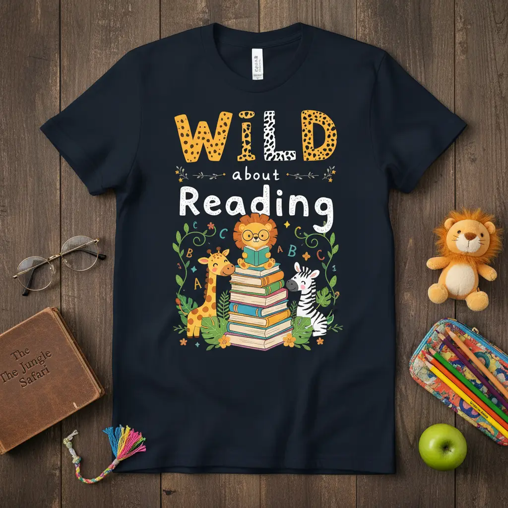Wild About Reading text with giraffe, lion, and zebra on book stack t-shirt design