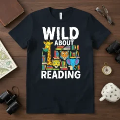 Wild About Reading t-shirt with colorful books and cartoon zoo animals including a giraffe, tiger, leopard, and elephant
