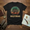 Vintage retro t-shirt design featuring a wild boar walking through a forest with the text WILD BOAR