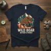 Wild Boar Nature's Power text with a running wild boar graphic and mountain background on a navy t-shirt